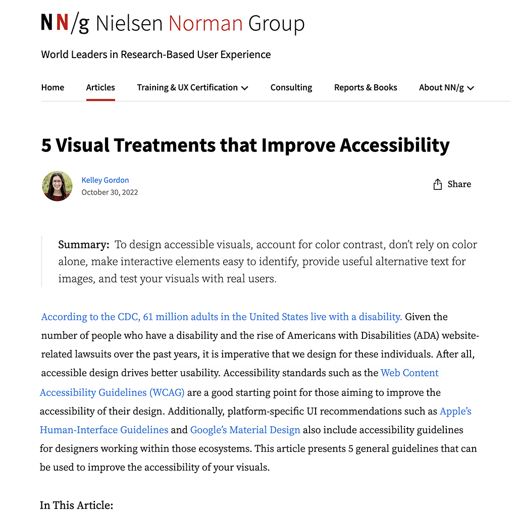 Nielsen Norman Group Article: 5 Visual Treatments that Improve Accessibility